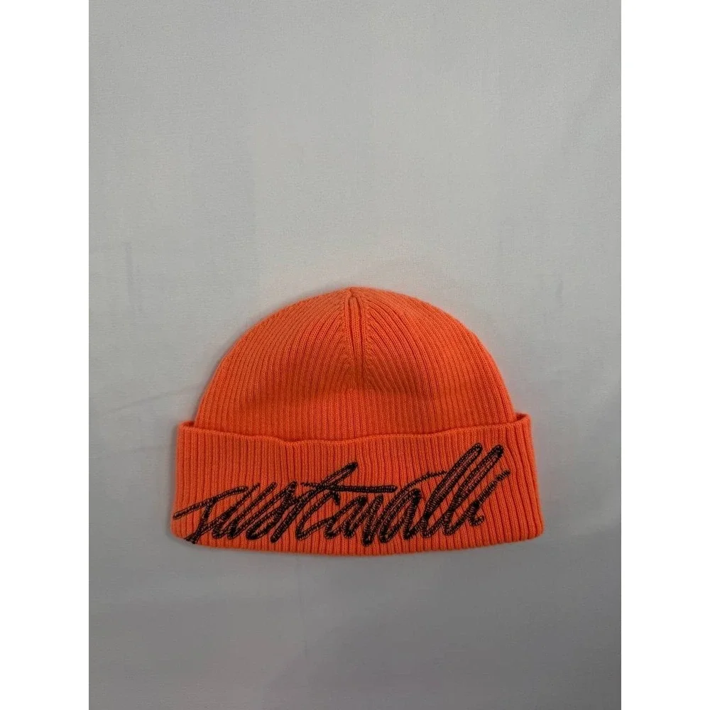 Just Cavalli Signature Logo Scarf Beanie Set Orange Black Size Small Italy